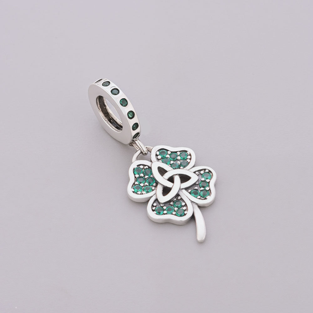 "Celtic Luck" Clover Dangle - 925 Silver Trinity Knot Emerald Zircon Charm