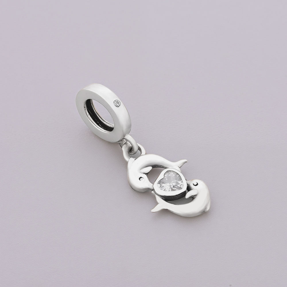 "Ocean Resonance" Dolphin Dangle - 925 Silver Heart Zircon Charm
