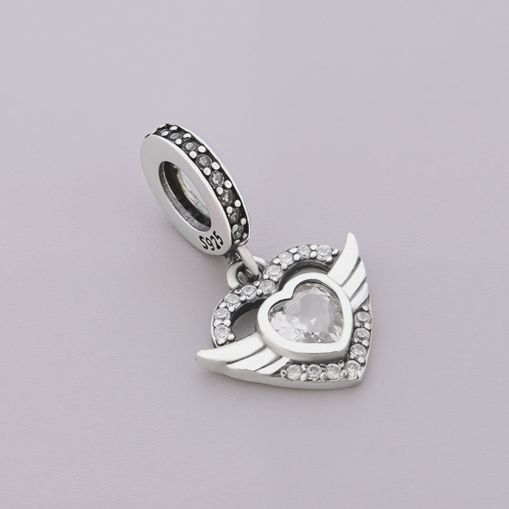 "Guardian Angel" Heart Dangle - 925 Silver Radiant Zircon Wing Charm