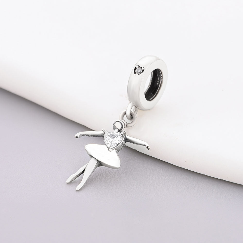 "Ethereal Grace" Ballerina Dangle - 925 Silver Heart Zircon Dancer Charm