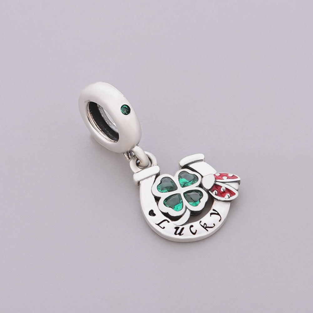 "Triple Fortune" Horseshoe & Clover Dangle - 925 Silver Lucky Ladybug Charm