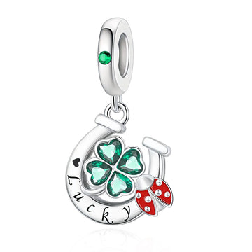 "Triple Fortune" Horseshoe & Clover Dangle - 925 Silver Lucky Ladybug Charm
