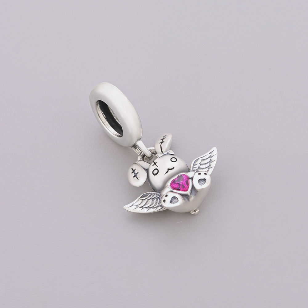 "Guardian Plush" Angel Bunny Dangle - 925 Silver Heart Zircon Charm