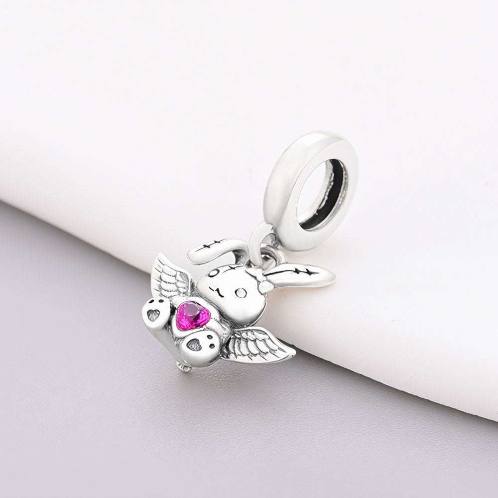 Close-Up of Angel Bunny Charm with Ruby-Red Heart-Shaped Zircon