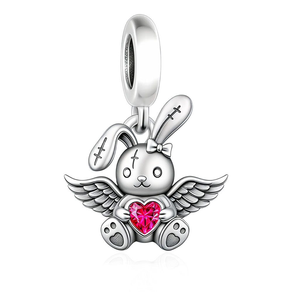 Angel Bunny Heart Charm in 925 Sterling Silver with Red Zircon