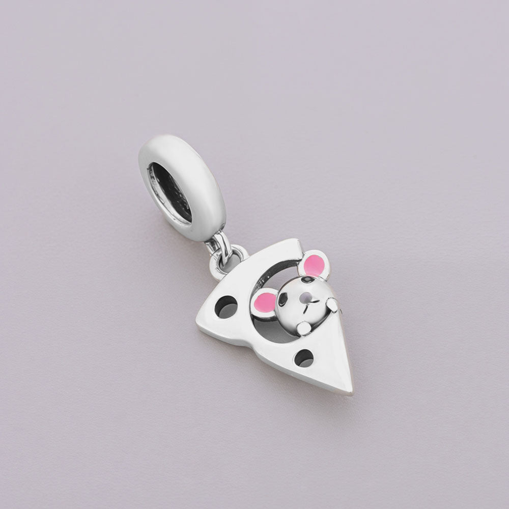 Close-Up of Cute Mouse and Cheese Charm with Pink Enamel Details