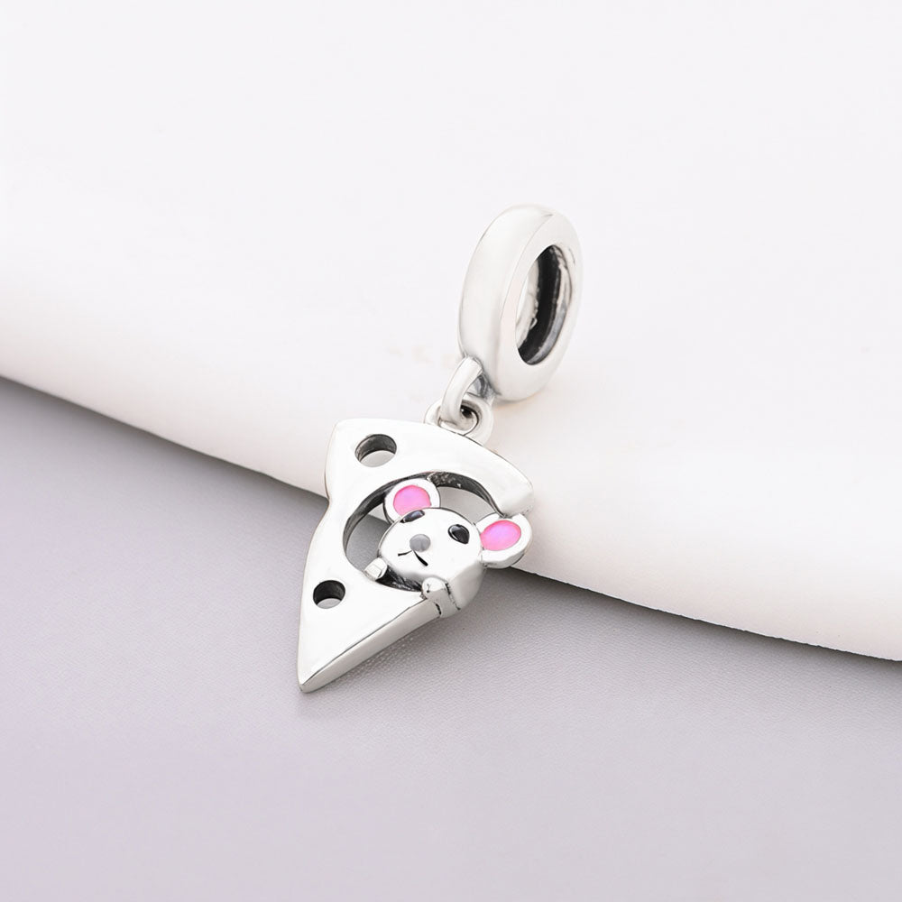 "Whimsical Discovery" Mouse & Cheese Dangle - 925 Silver Playful Animal Charm