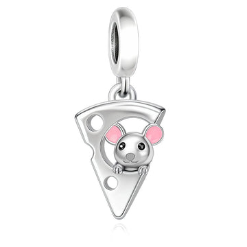 "Whimsical Discovery" Mouse & Cheese Dangle - 925 Silver Playful Animal Charm
