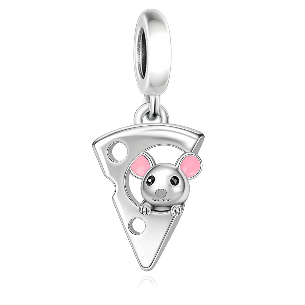 Mouse and Cheese Charm in 925 Sterling Silver with Pink Enamel Ears