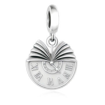 "Eternal Wisdom" Clock & Book Dangle - 925 Silver Timepiece Literature Charm