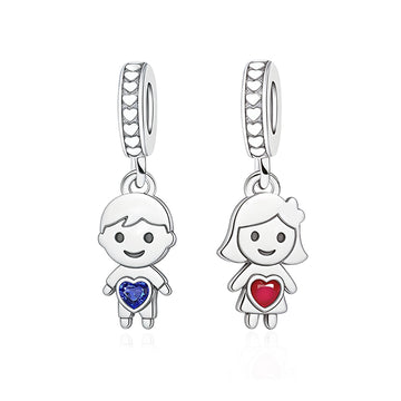 "Pure Lineage" Boy & Girl Dangle - 925 Silver Zircon Heart Family Charm