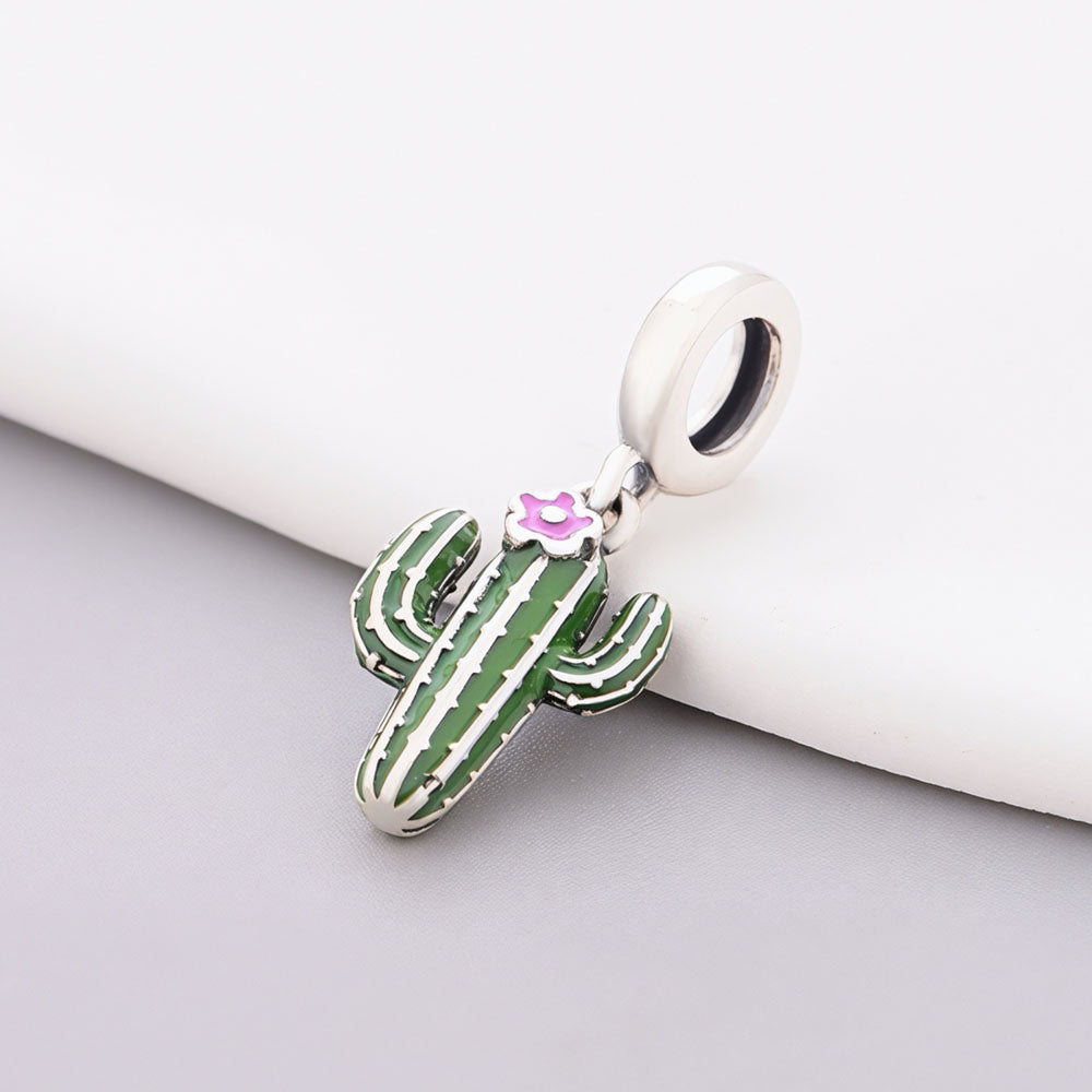"Desert Resilience" Cactus Dangle - 925 Silver Green Enamel & Pink Flower Charm