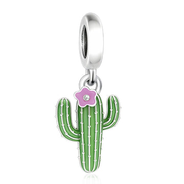 "Desert Resilience" Cactus Dangle - 925 Silver Green Enamel & Pink Flower Charm