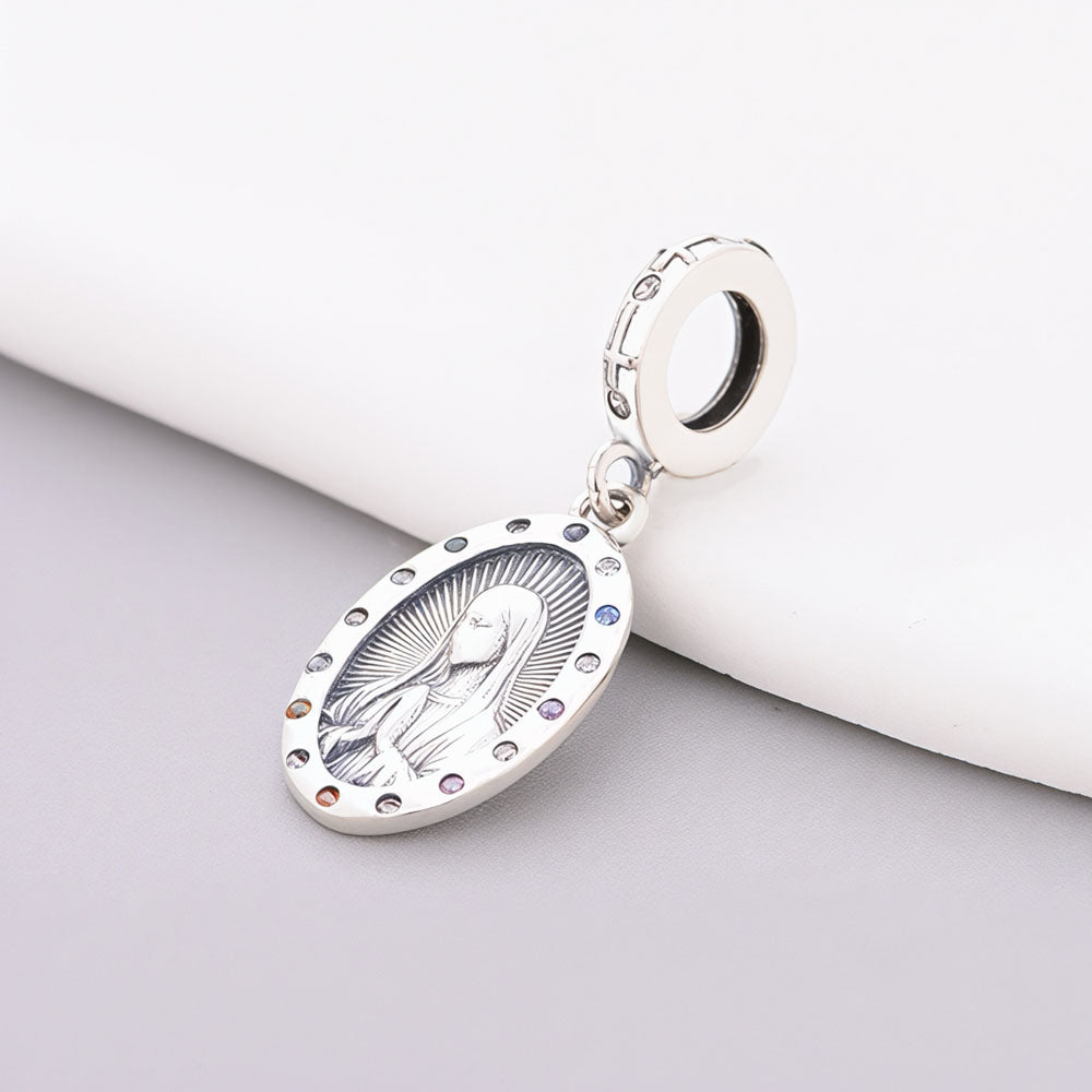 "Sacred Radiance" Virgin Mary Dangle - 925 Silver Rainbow CZ Medal Charm