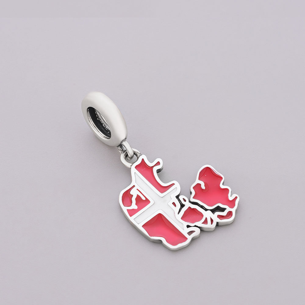 "Nordic Serenity" Denmark Map Dangle - 925 Silver Red & White Enamel Charm