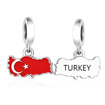"Star & Crescent" Turkey Map Dangle - 925 Silver Turkish Flag Charm