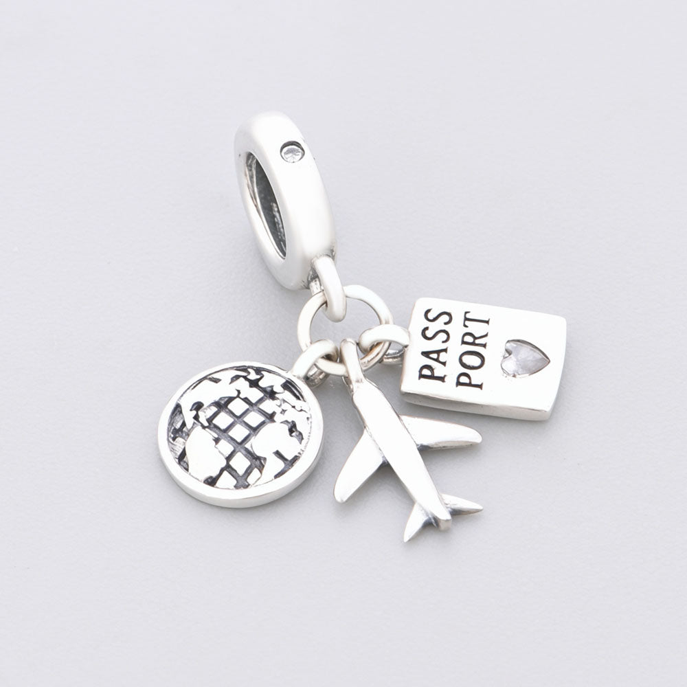 "Wanderlust Trio" Travel Dangle - 925 Silver Globe, Plane & Passport Charm
