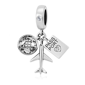 "Wanderlust Trio" Travel Dangle - 925 Silver Globe, Plane & Passport Charm