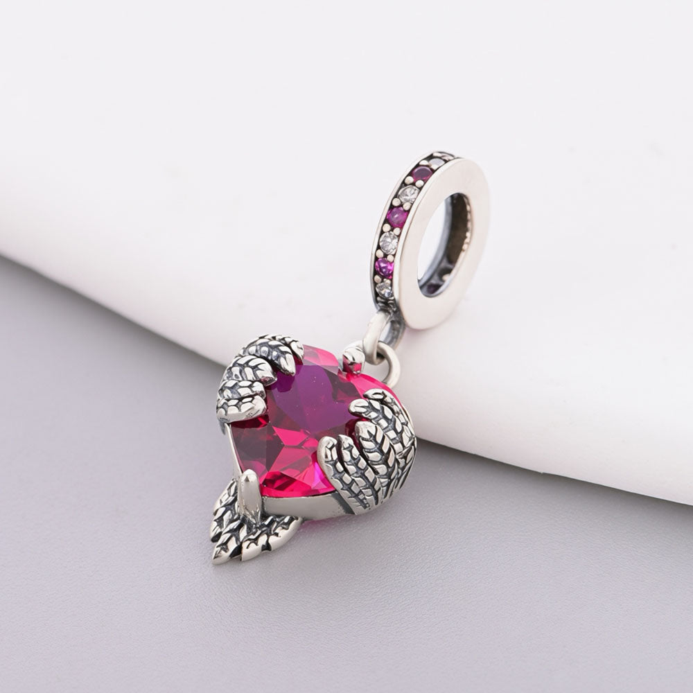 "Eternal Guardian" Heart Dangle - 925 Silver Angel Wings & Red Zircon Charm