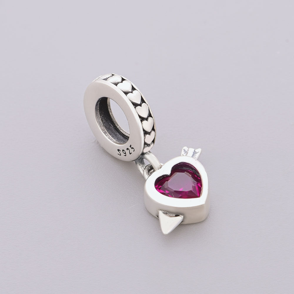 "Cupid's Pulse" Heart & Arrow Dangle - 925 Silver Red Zircon Love Charm