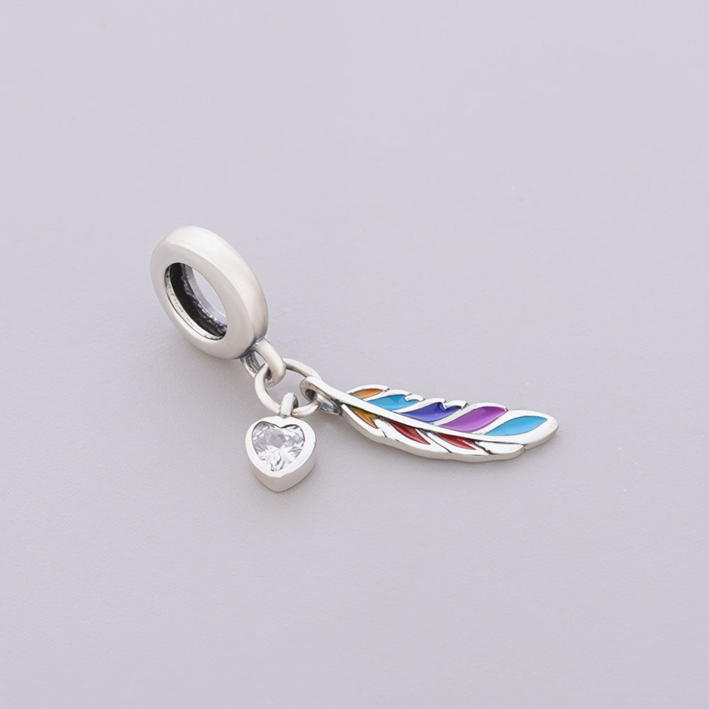 "Vibrant Spirit" Feather & Heart Dangle - 925 Silver Colorful Enamel Charms