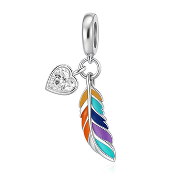"Vibrant Spirit" Feather & Heart Dangle - 925 Silver Colorful Enamel Charms