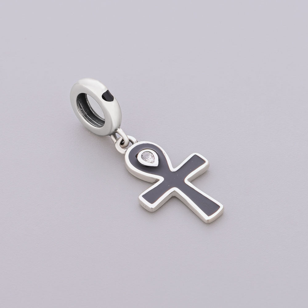"Key of Life" Ankh Dangle - 925 Silver Black Enamel Ancient Mystery Charm