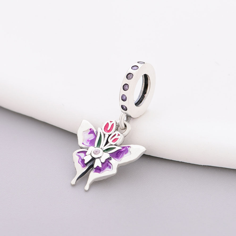 "Ethereal Flight" Butterfly Dangle - 925 Silver Pink Tulip & Purple Enamel Charm