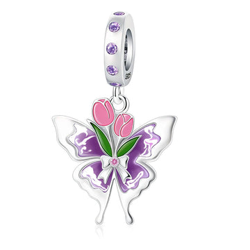 "Ethereal Flight" Butterfly Dangle - 925 Silver Pink Tulip & Purple Enamel Charm