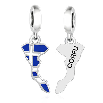 "Aegean Poetry" Corfu Map Dangle - 925 Silver Greek Flag Enamel Charm