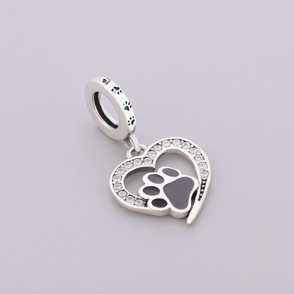 "Soulful Paws" Heart Dangle - 925 Silver Black Enamel Pet Charm