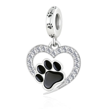 "Soulful Paws" Heart Dangle - 925 Silver Black Enamel Pet Charm