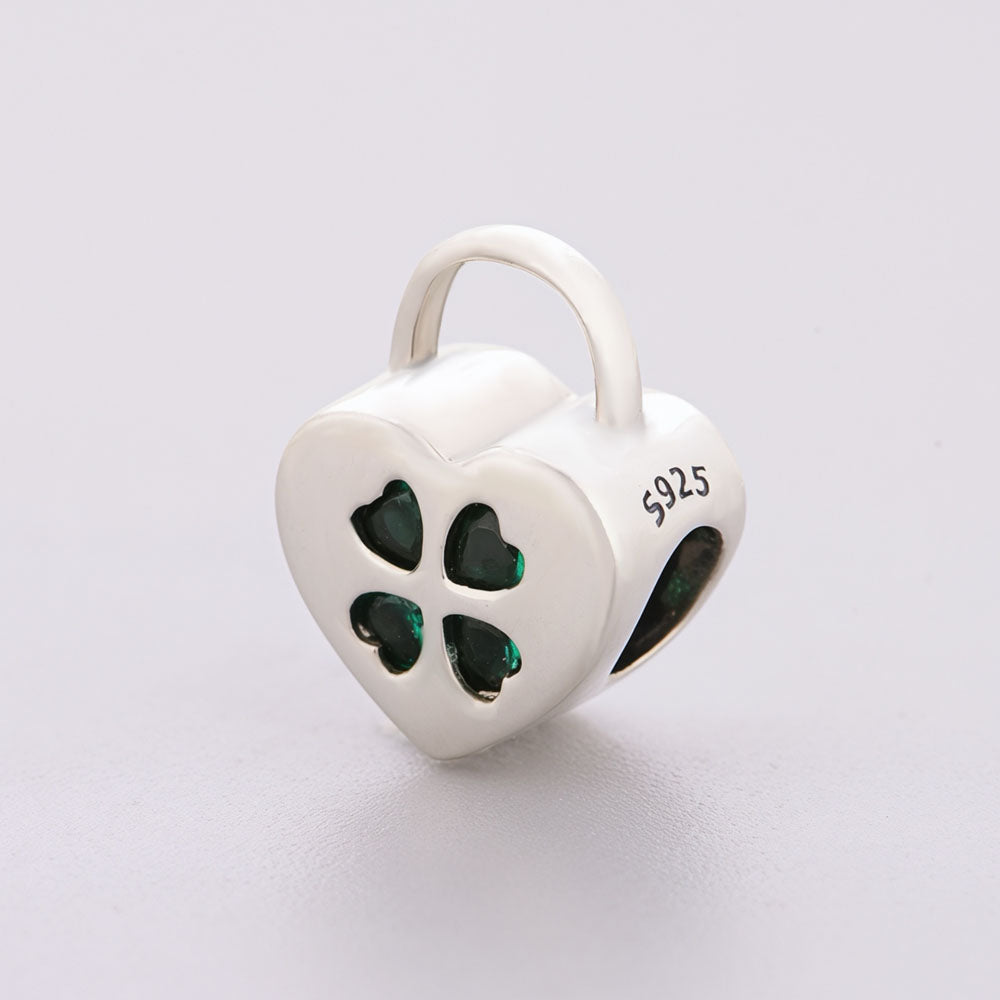 "Eternal Vow" Heart Lock Charm - 925 Silver Emerald Clover Bead