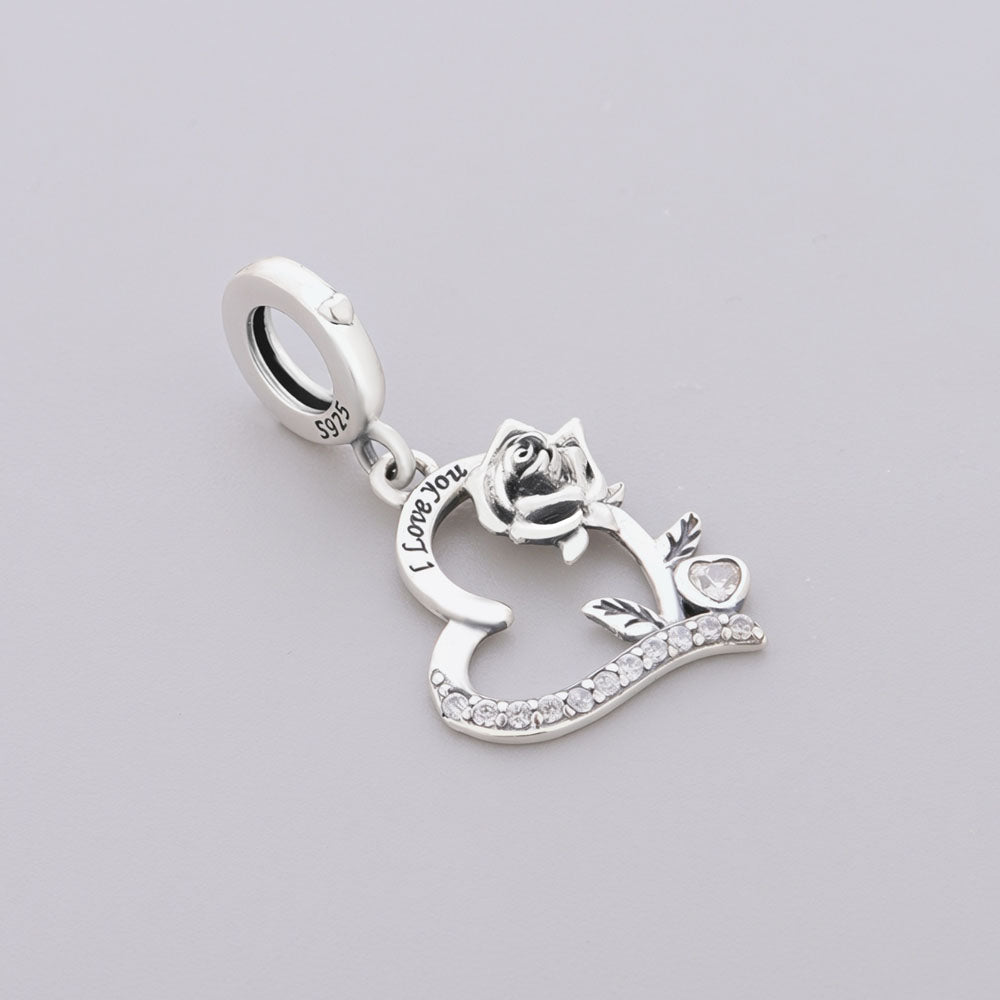 "Blooming Vow" Rose Heart Dangle - 925 Silver I Love You Charm