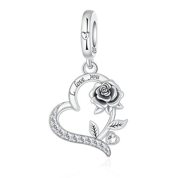 "Blooming Vow" Rose Heart Dangle - 925 Silver I Love You Charm