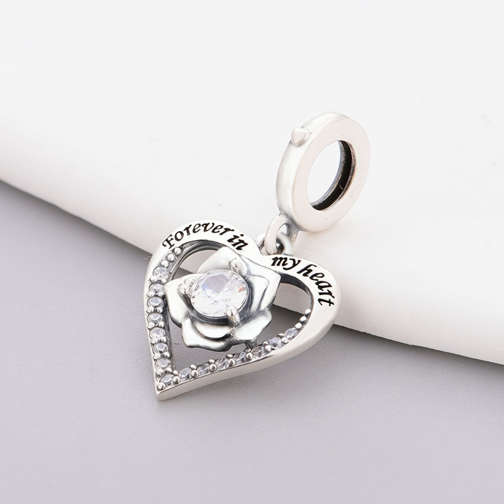 "Rose Resonance" Heart Dangle - 925 Silver Forever In My Heart Charm