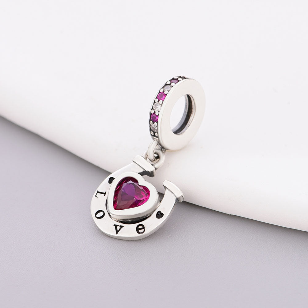 "Resonant Luck" Horseshoe Dangle - 925 Silver Fuchsia Heart Charm