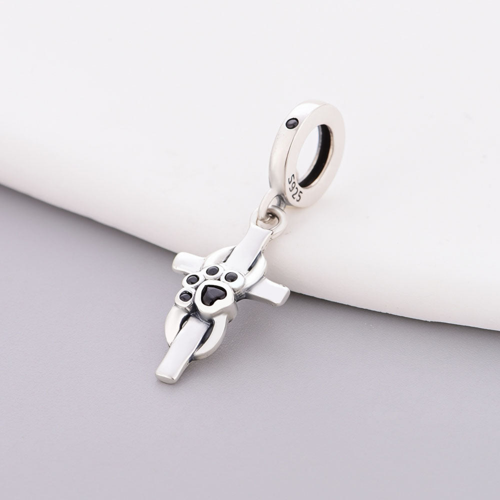 "Infinite Devotion" Cross & Paw - 925 Silver Onyx Spirit Dangle