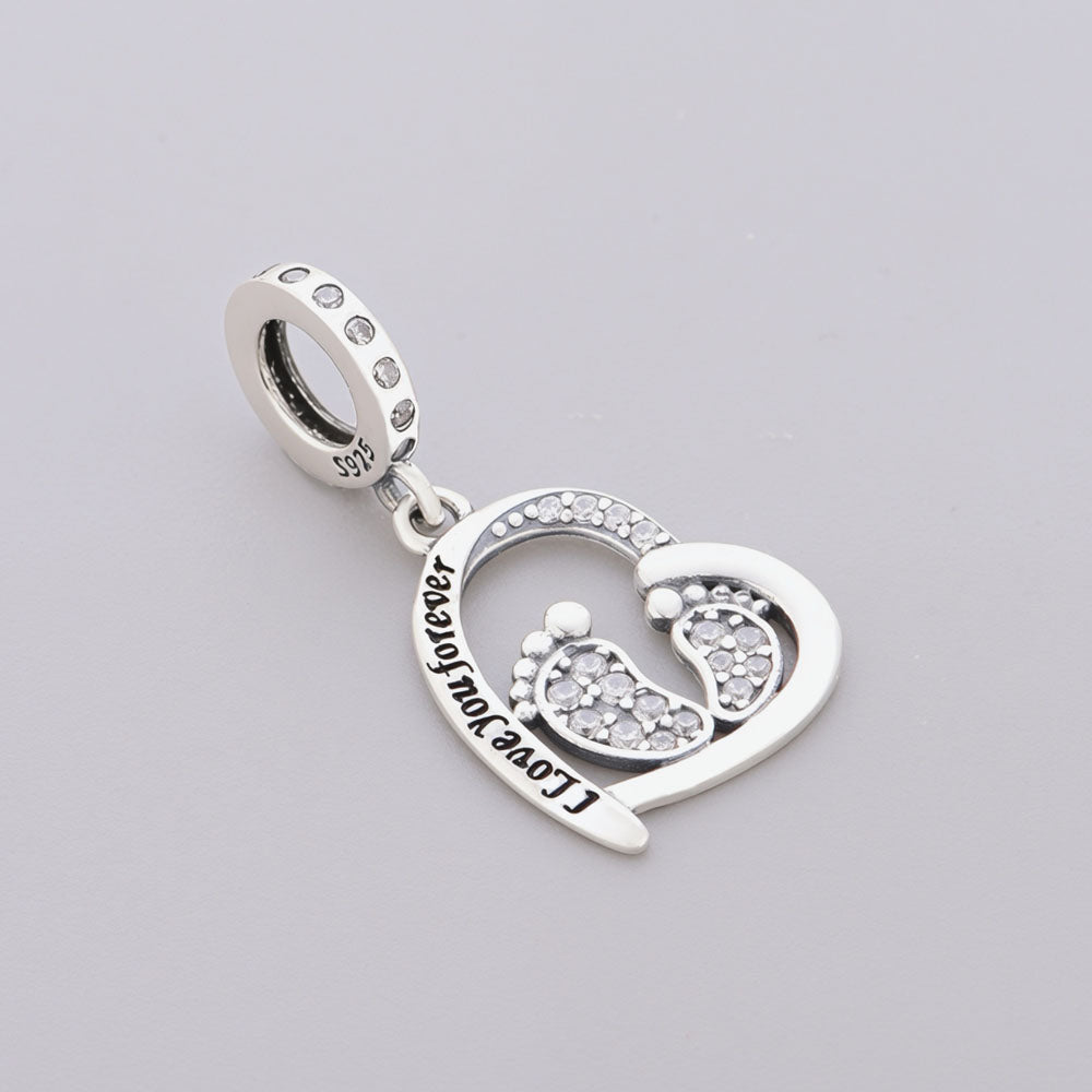 "Tender Steps" Baby Feet Heart Dangle - 925 Silver New Life Charm