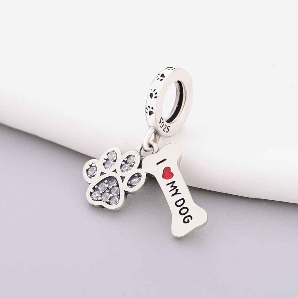 "Heartbeat Path" Paw & Bone Dangle - 925 Silver I Love My Dog Charm