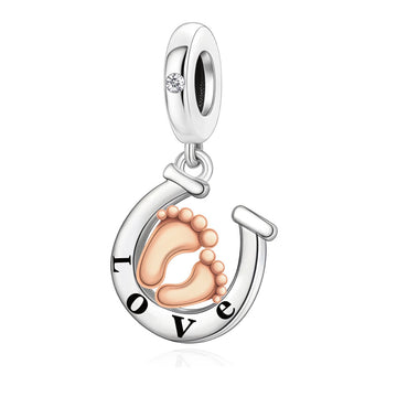 "Fortunate Steps" Horseshoe Dangle - 925 Silver Rose Gold Baby Feet Charm