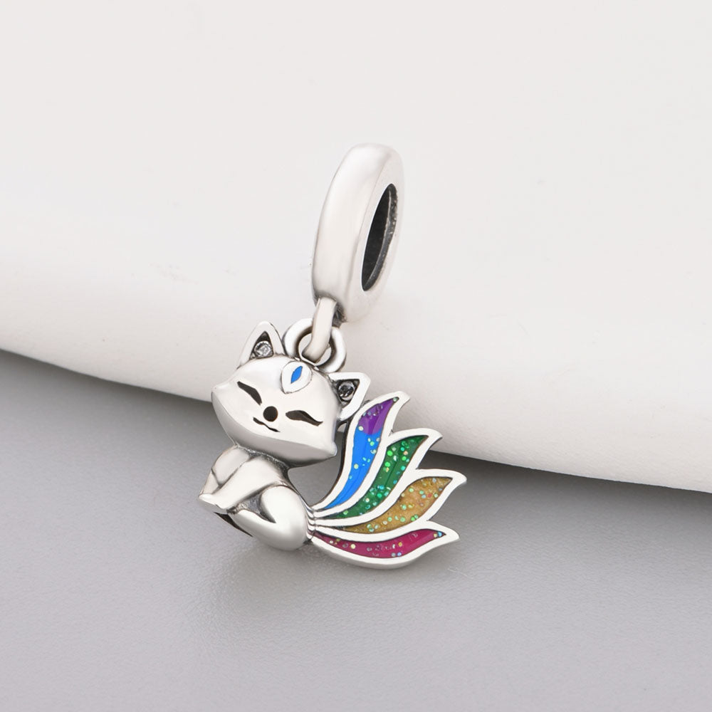 "Mystic Rainbow" Nine-Tailed Fox Dangle - 925 Silver Radiant Spirit Charm