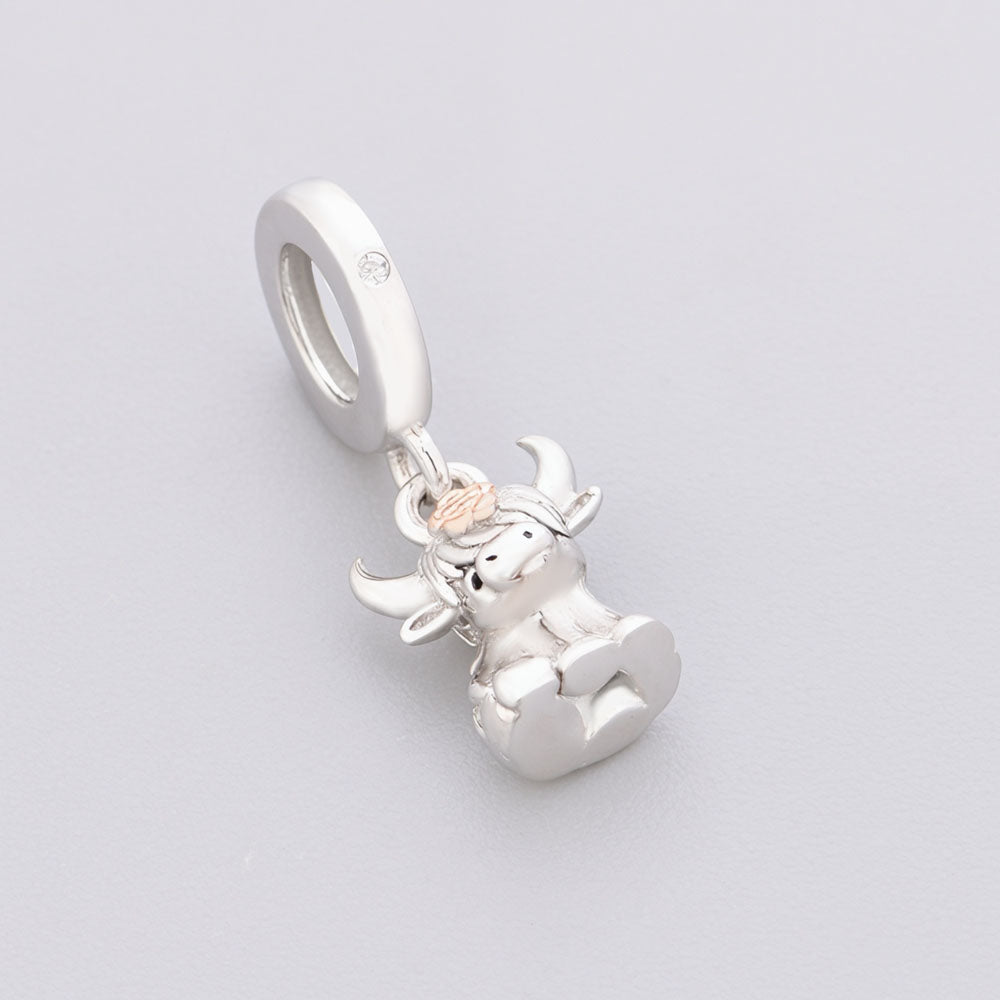 "Highland Soul" Bull Dangle - 925 Silver & Rose Gold Flower Charm