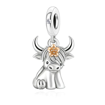 "Highland Soul" Bull Dangle - 925 Silver & Rose Gold Flower Charm