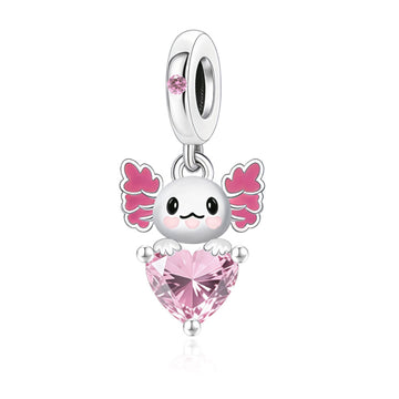 "Aquatic Muse" Axolotl Dangle - 925 Silver Pink Zircon Heart Charm