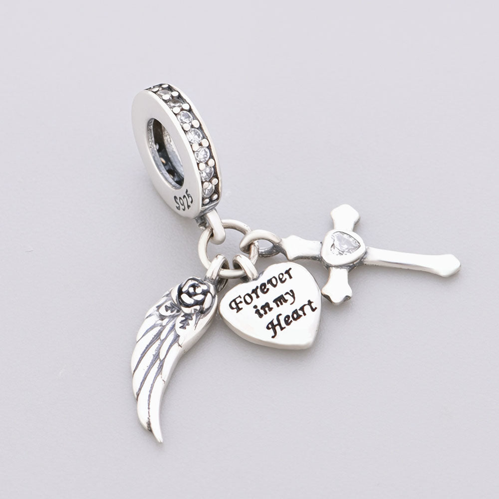 "Sacred Echoes" Trio Dangle - 925 Silver Wing, Heart & Cross Charm