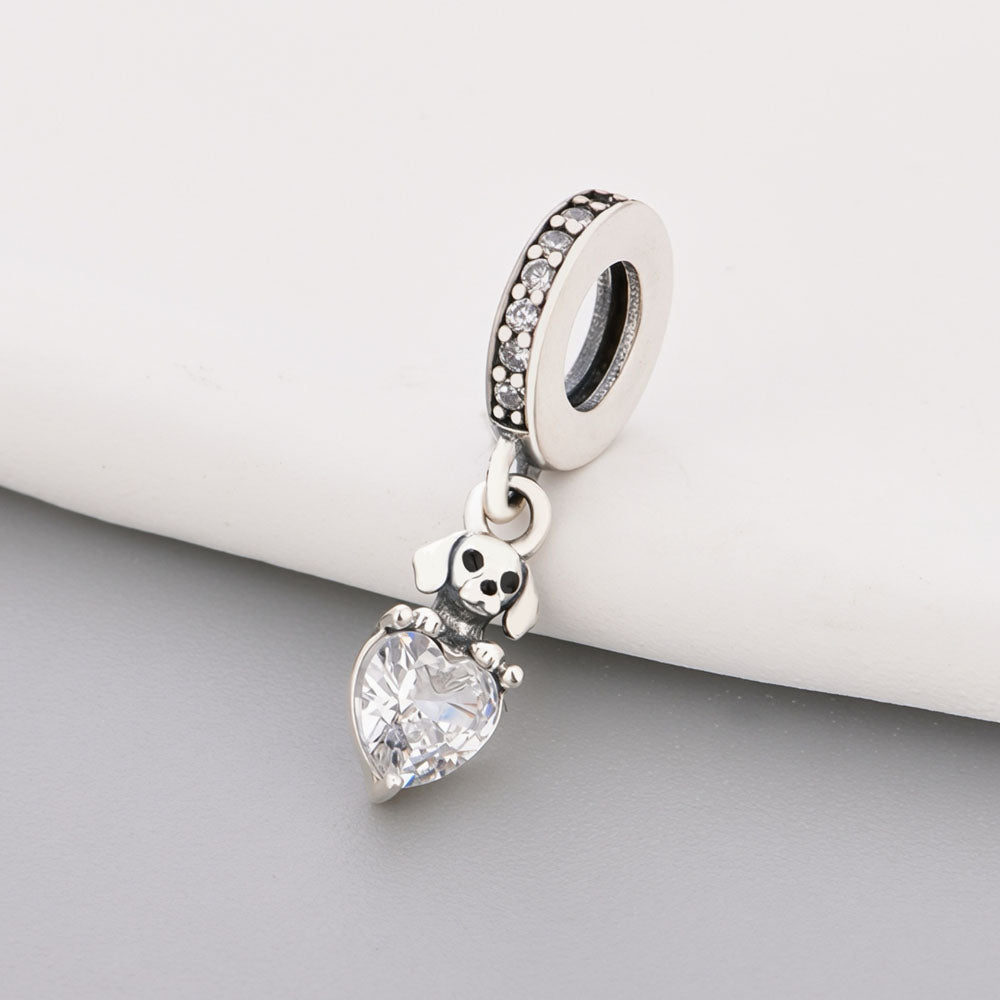 "Puppy Love" Heart Dangle - 925 Silver Dog & Heart Zircon Charm