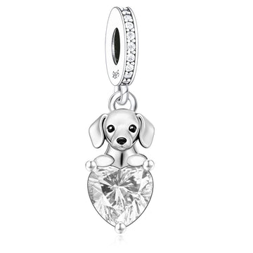 "Puppy Love" Heart Dangle - 925 Silver Dog & Heart Zircon Charm