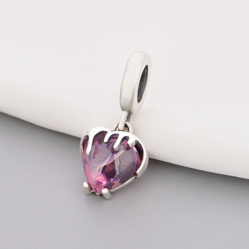 "Liquid Affection" Melting Heart Charm - 925 Silver Pink Zircon Dangle