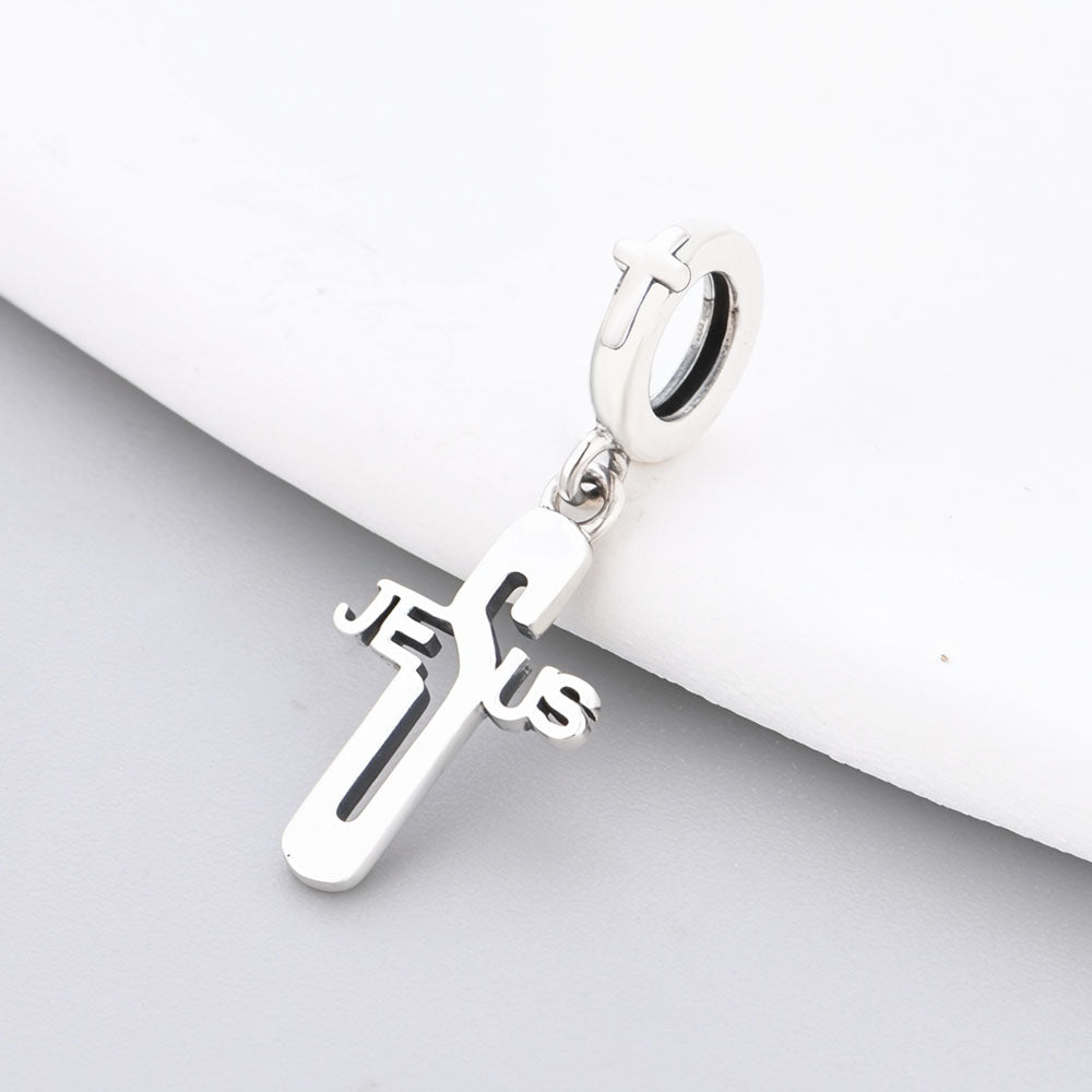 "Word of Grace" Jesus Cross Dangle - 925 Sterling Silver Faith Charm